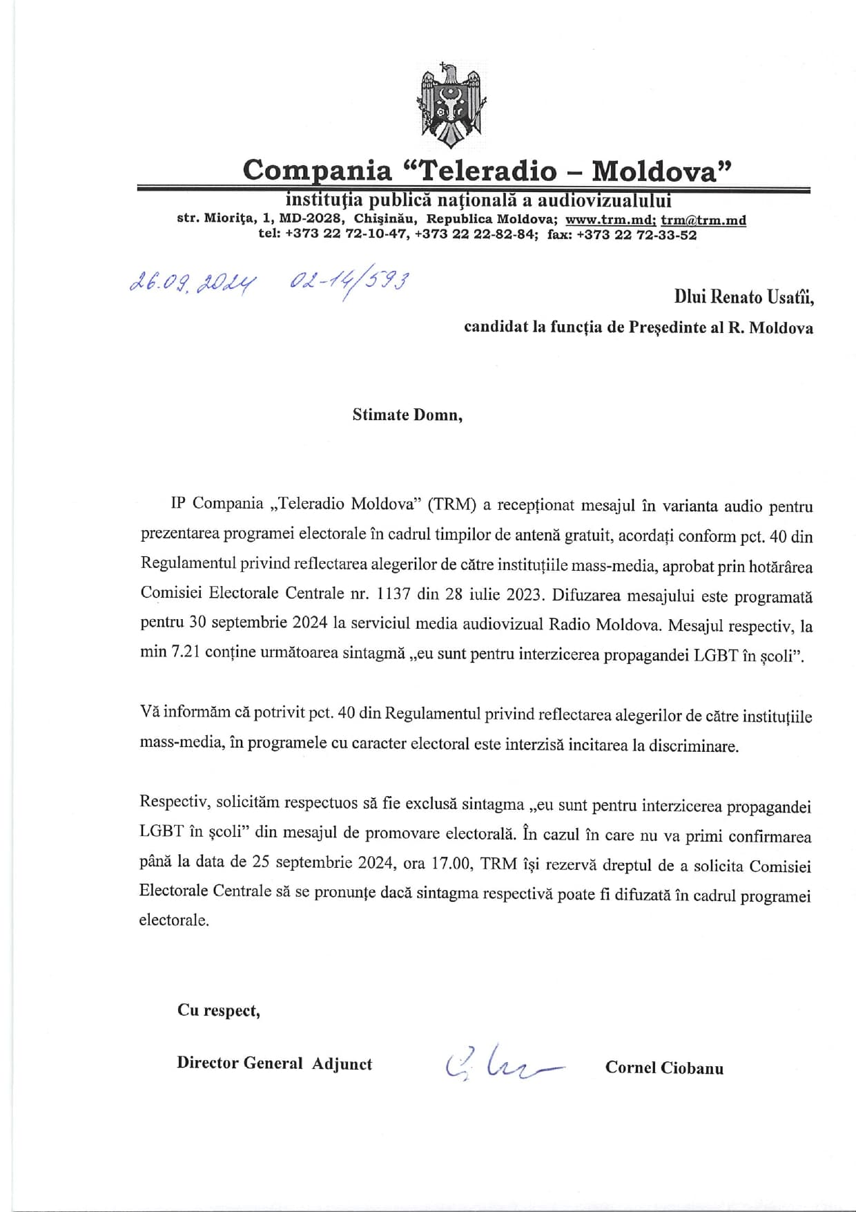 RADIO MOLDOVA BANNED THE BROADCAST OF ONE OF RENATO USATII'S ELECTORAL SPOTS